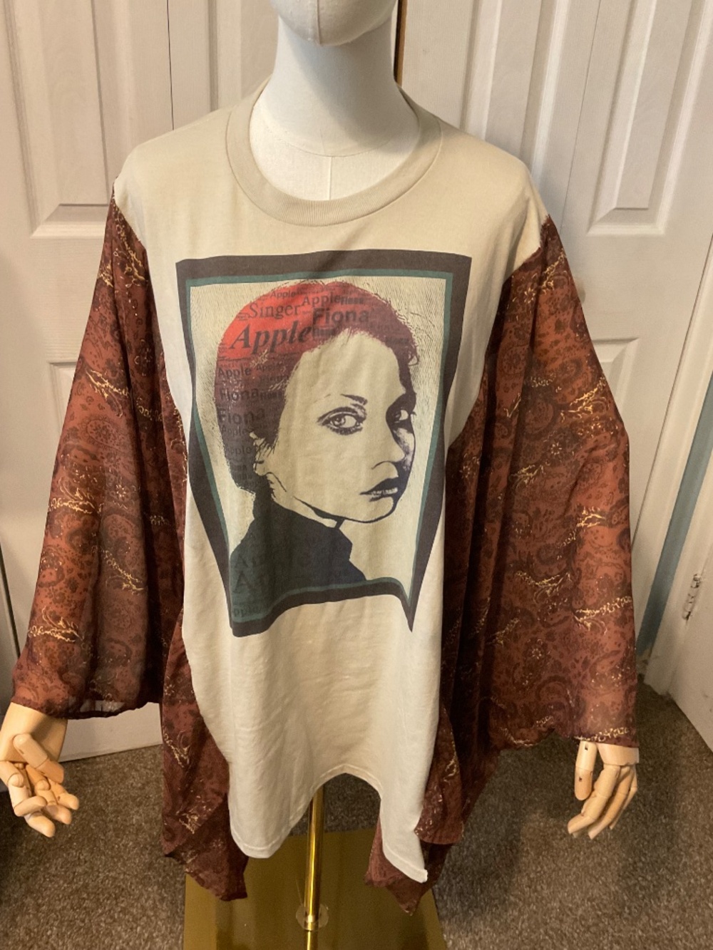Fiona Apple Upcycled Graphic T-shirt with Flowy Printed Sleeves - OSFM